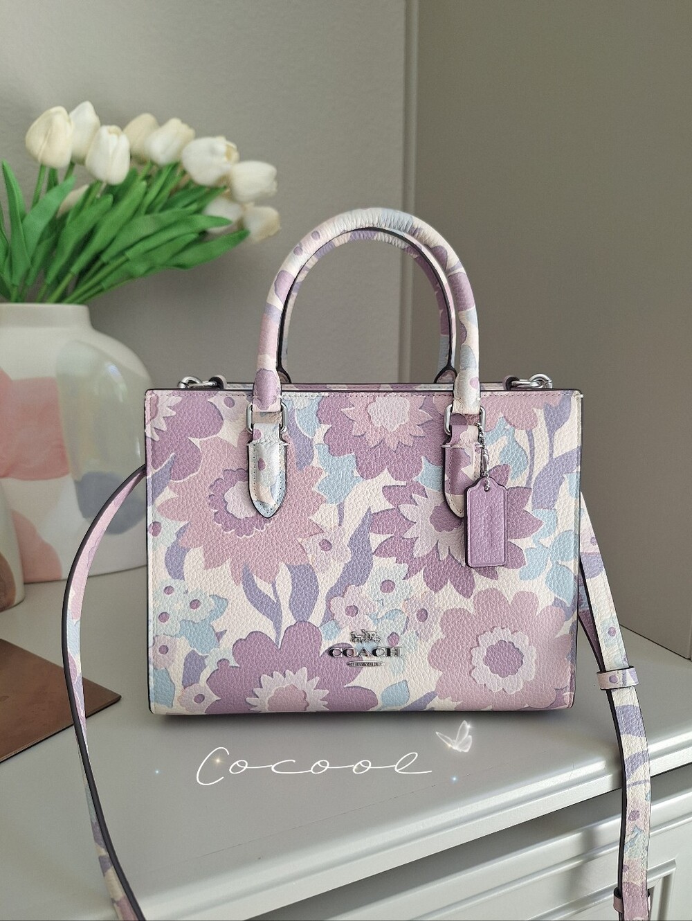 NEW COACH Maggie Small Tote Bag Crossbody Floral Print In Leather Ivory/Purple - Picture 1 of 8